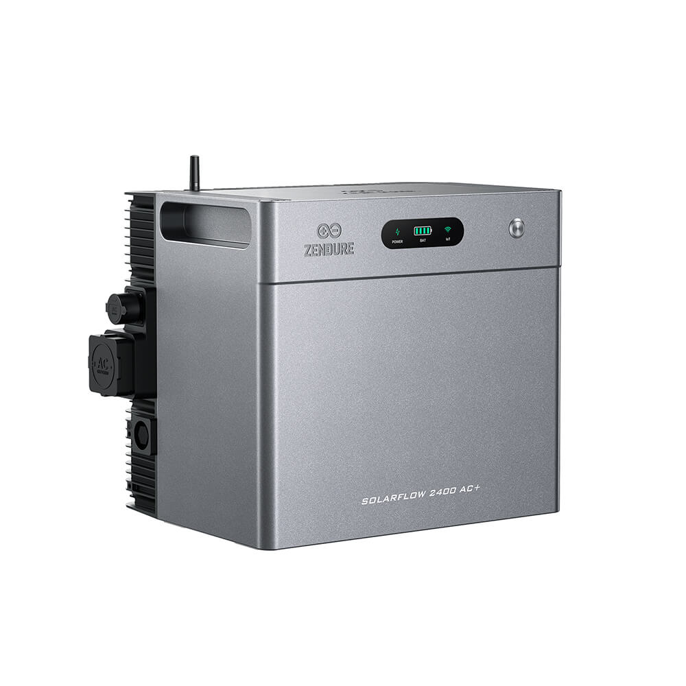 SolarFlow 2400 AC+, schuin vooraanzicht met aansluitingen